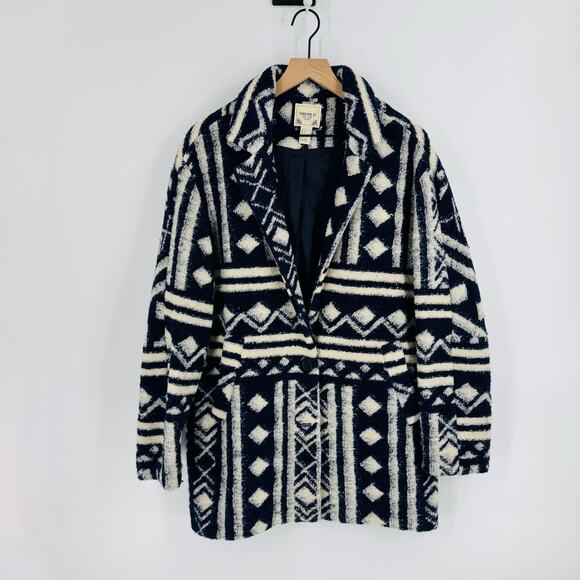 Chunky Navy Cream Geometric Pattern Coat Jacket Longline Boho Size L Fisherman - Picture 9 of 9